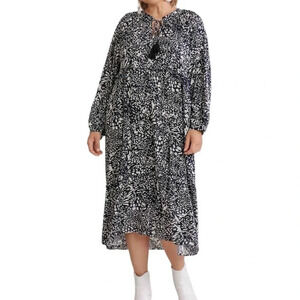 Umgee Boutique Navy & White Animal Print Tassel Accent Midi/ Maxi Dress Sz L NWT